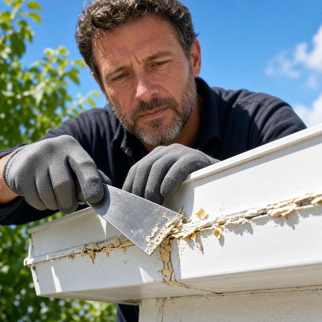 Gloved hands scraping old cracked sealant from a gutter seam with a putty knife on a white aluminum gutter