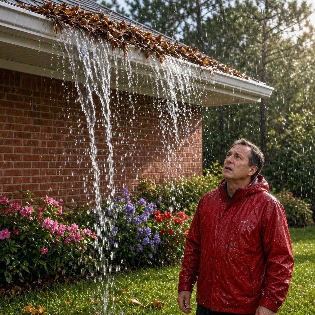 A homeowner looking up at a gutter overflowing during light rain on a brick suburban home in Matthews, NC
