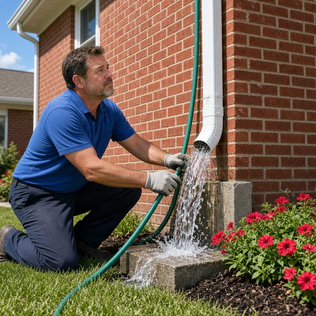 A gutter professional flushing a white downspout with a garden hose, water running clear out the bottom elbow onto a splash block