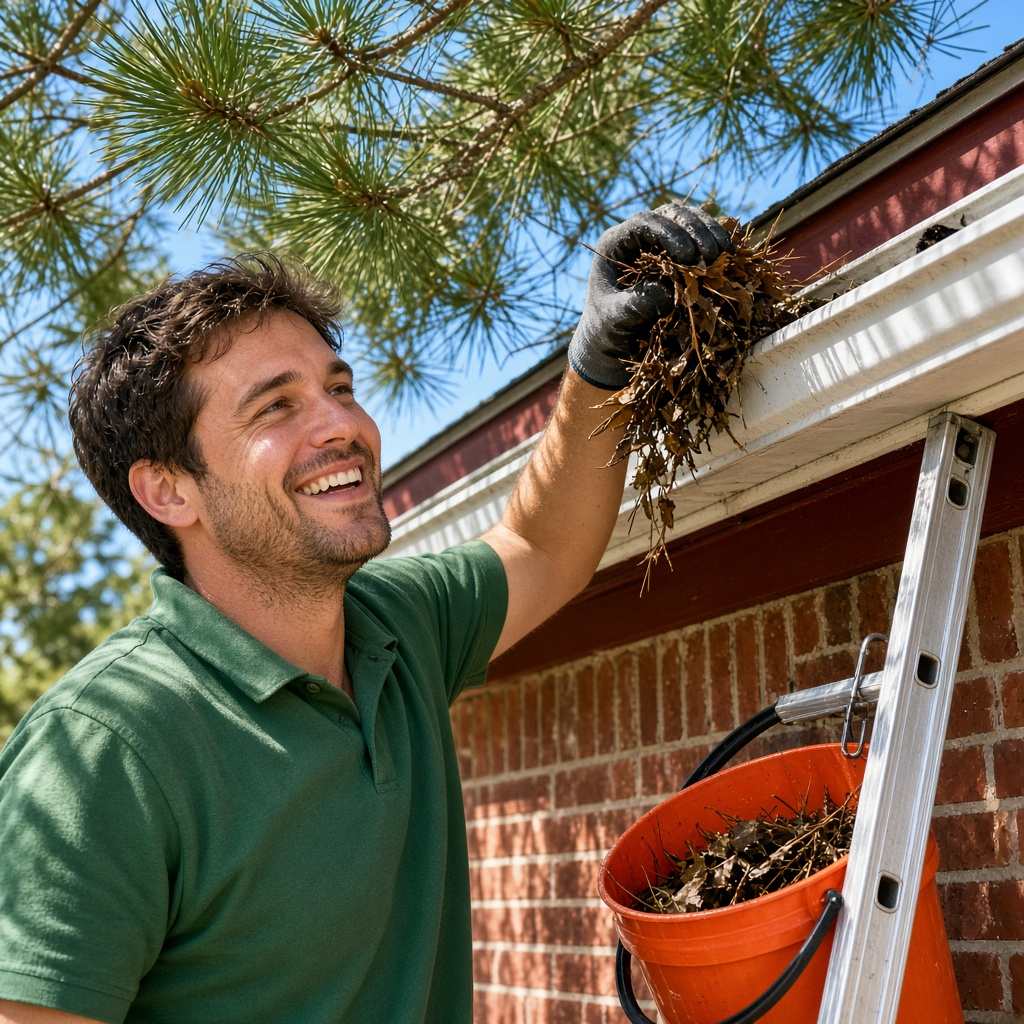 A gutter cleaner on a ladder scooping wet pine needles and oak leaves out of a gutter on a brick suburban home in Matthews, NC