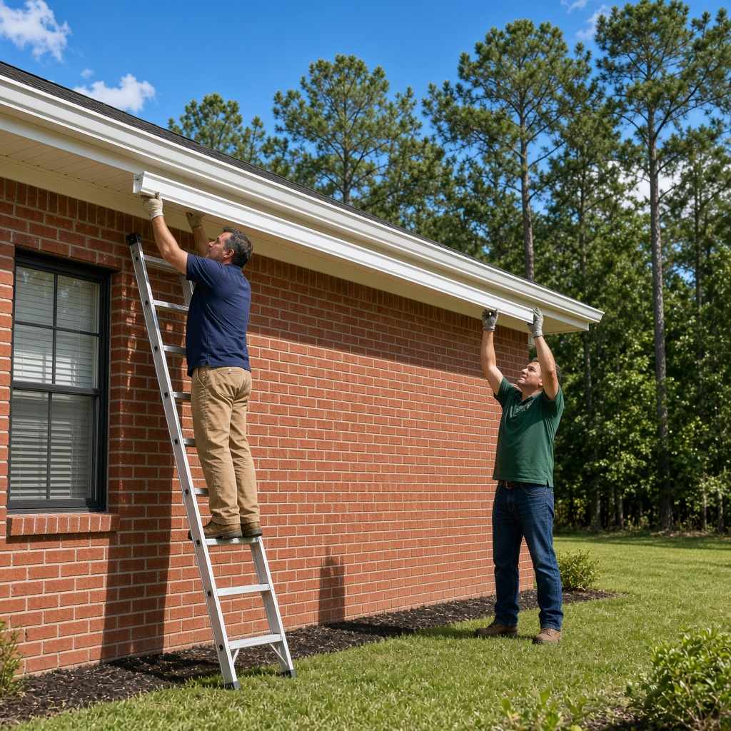Two installers guiding a long run of new seamless aluminum gutter up to the roofline of a single-story brick ranch home in Matthews, NC