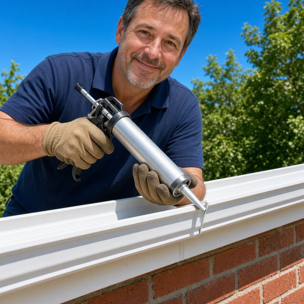 Close-up of a gutter professional's gloved hands applying sealant to a seam on a white aluminum gutter