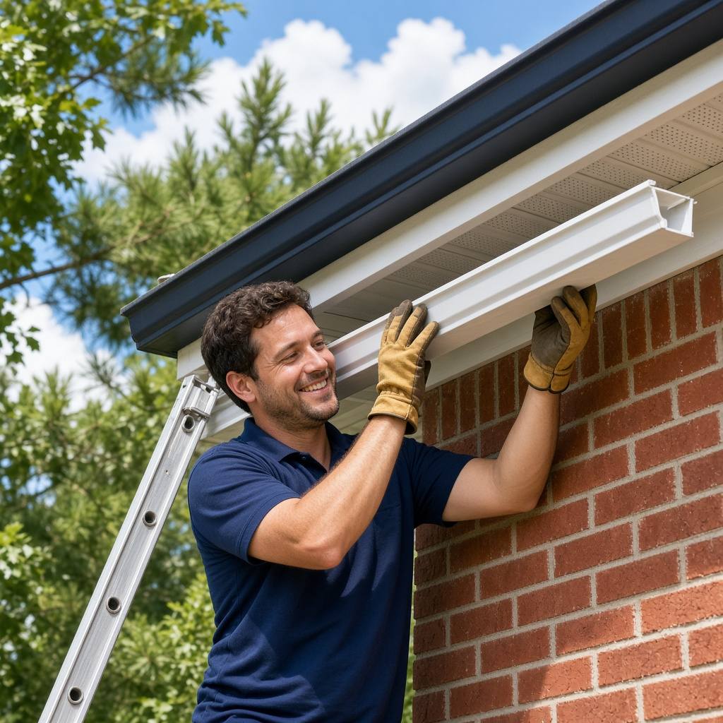 Gutter technician on a ladder re-securing an aluminum gutter on a two-story brick home in Matthews, NC