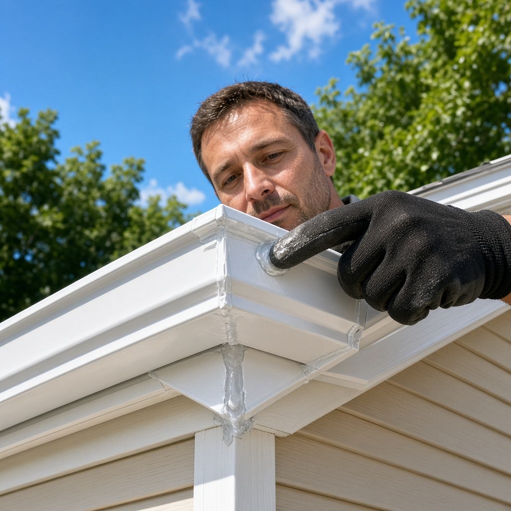 Close-up of a cleanly mitered seamless aluminum gutter corner with a gloved hand smoothing fresh sealant at the joint
